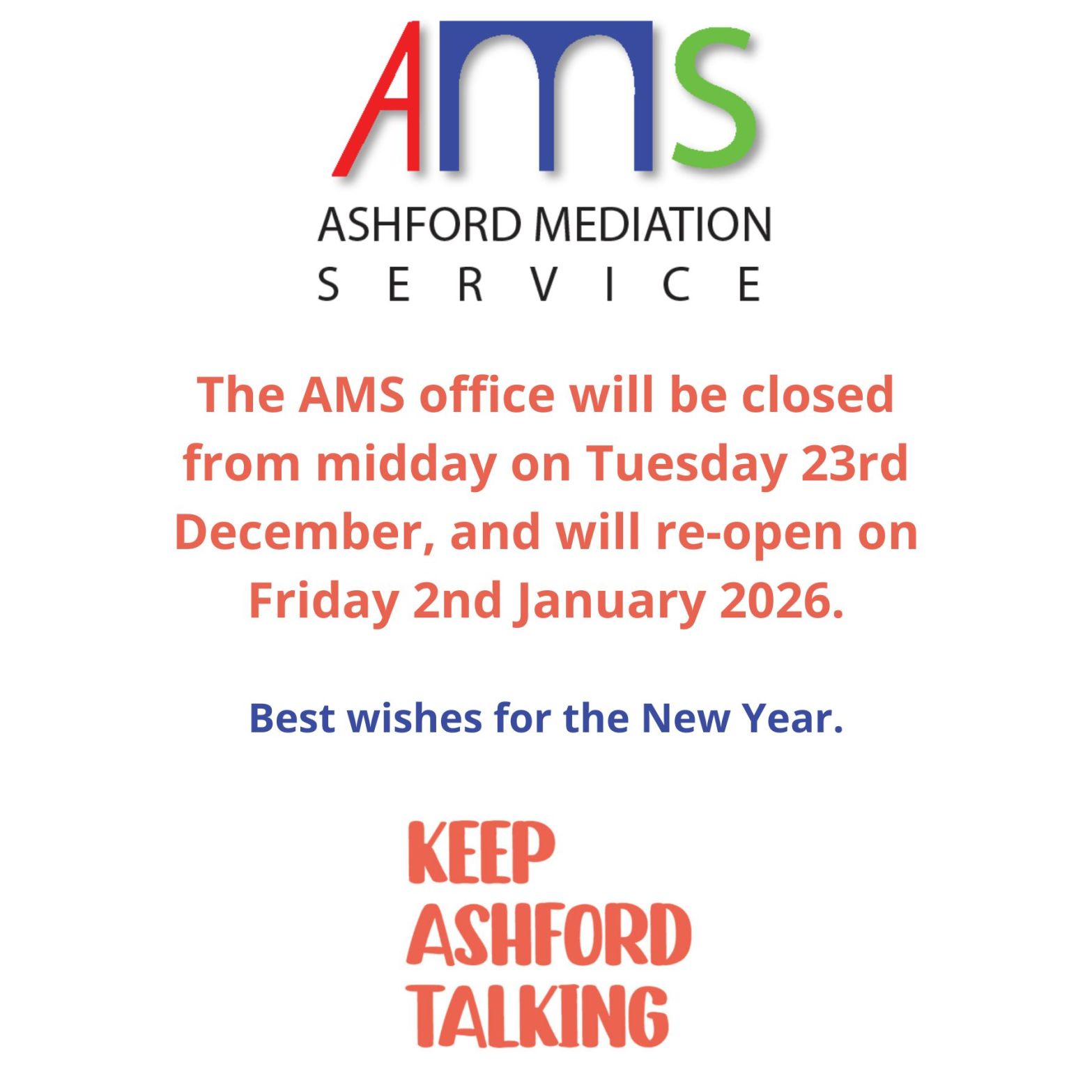 Please note the AMS office will be closed from midday on Tuesday 23rd December, and will re-open on Friday 2nd January 2026.