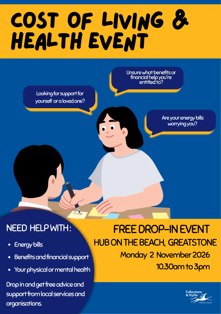 Poster about the Cost of Living and Health Event in Greatstone on Monday 2nd November 2026.